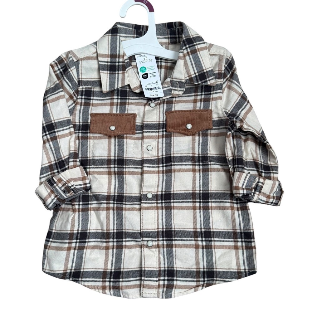 OshKosh Bgosh Toddler Boys‎ Plaid Flannel Snap Button Down Shirt Brown 3T NEW